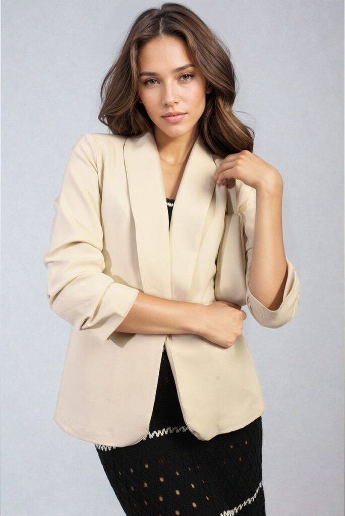 ikrush valerie ruched sleeve open front blazer jacket with front pockets 1714481469538019